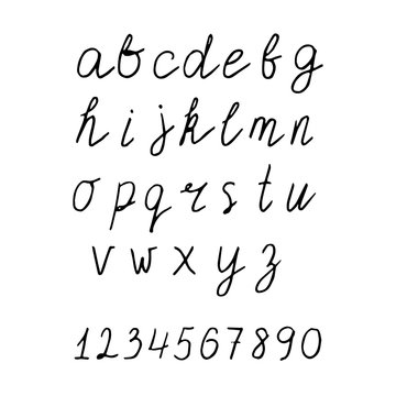 Lowercase alphabet with numbers. Hand drawn, black and white lettering set. Stock vector illustration.