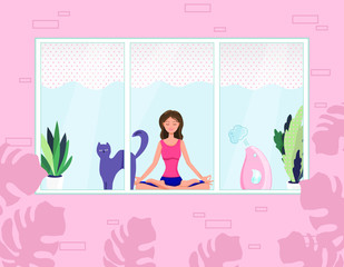 A nice young woman is sitting in a yoga and meditation pose with a cat next to her. Meditation, relaxation at home with a view from the window. Vector illustration.