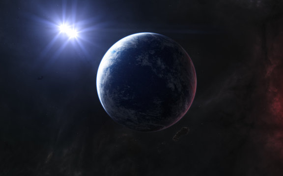 Planet in blue light of double star somewhere in deep space. Science fiction. Elements of this image furnished by NASA