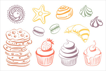 Croissant, cinnamon roll, cupcakes, macaroons, cookies, meringues. Colorful set of desserts in sketchy style isolated on white background. Doodle hand drawn desserts and pastry. Vector illustration