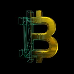 Bitcoin sign, the green grid turns into gold on a black background. 3D illustration