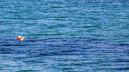 Old orange buoys floating freely in the middle of the sea, marine litter, calm blue waters on a sunny day in County Galway, Ireland