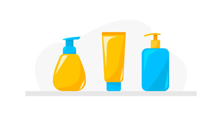 Sunscreen bottle, protection from uv, cosmetic products. Illustration for web