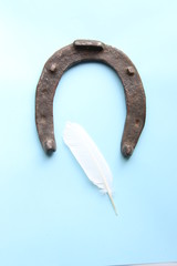 success concept, horseshoe and white feather, on a blue background
