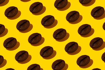 Creative bright collage of real macro photos of selected coffee beans on a yellow background.
