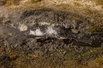 Beautiful colourful Icelandic landscape lava fields mountain geysers zigzag road and moss-covered...