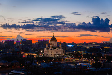 Incredible evening panoramic view of the center of Moscow and Cathedral of Christ the Saviour....