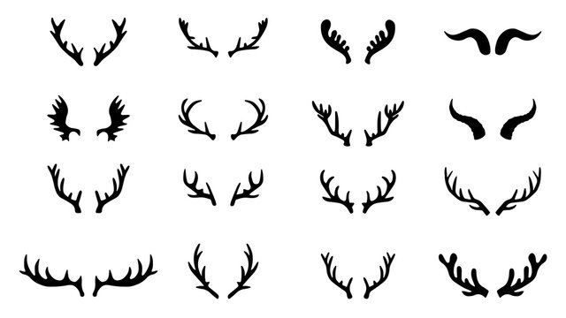 Black silhouettes of different deer horns, vector illustration.