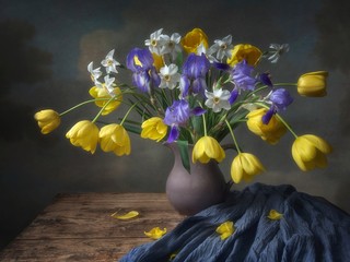Still life with splendid bouquet of spring's flowers