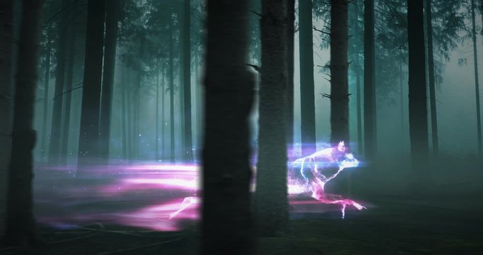 A glowing wolf leaves light trail as a it runs through a dark forest. 