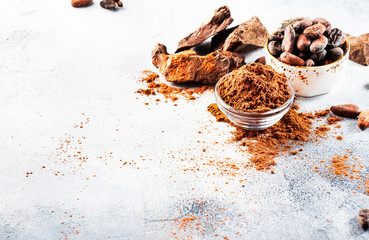 Organic cocoa powder, cocoa beans, grated cocoa lump on gray background. Copy space