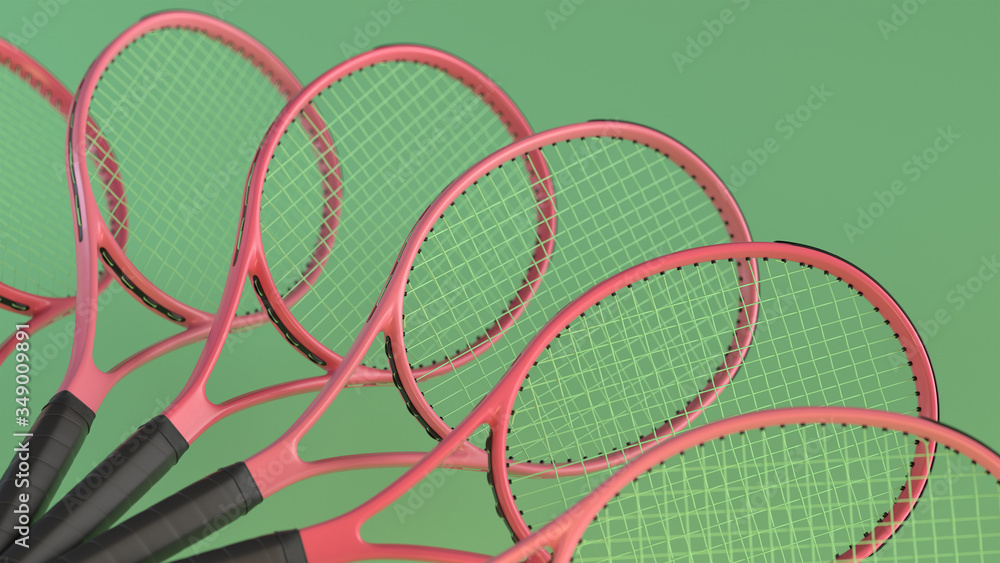 Poster the row of pink tennis rackets on green background. 3d render with depth of field.