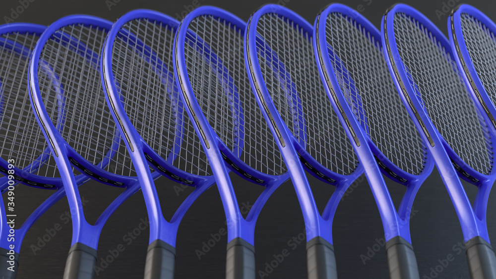 Poster the row of blue tennis rackets on black background. 3d render with depth of field.
