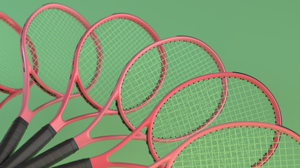 The row of pink tennis rackets on green background. 3d render with depth of field. 