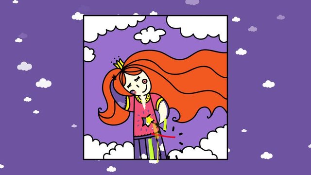 charming redhead princess smiling combing her hair wearing a golden tiara and a star magic wand isolated on a squared frame over purple sky with clouds moving around