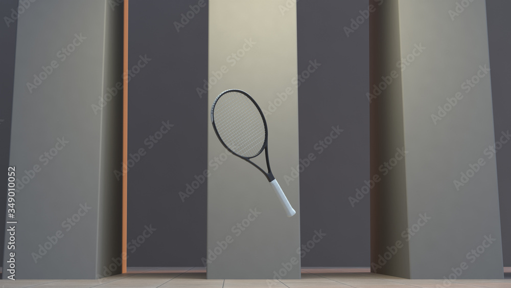 Poster the black wooden tennis racket with white hand. square columns on background with sunlight. 3d rende