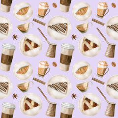 Watercolor seamless pattern with illustrations of coffee cup, coffee beans, coffee grinder, cappuccino, latte and desserts