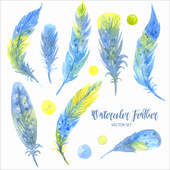 Watercolor blue feather set. Hand drawn vector illustration