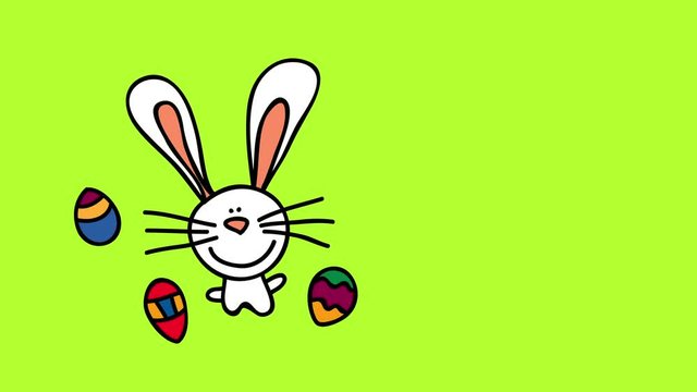 white bunny falling in pieces on left side of screen with cute face and long whiskers opening its little paws presenting three colorful and beautifully designed easter eggs
