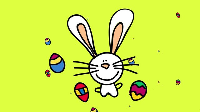 cute bunny with white fur and long ears with tiny paws and smiling in the middle of a rain of colorful easter eggs suggesting it brings surprises to children