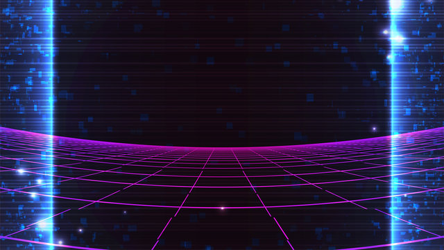 Cyberpunk dark background. Pink retro future grid. Blue neon vertical light. Digital pixel distortion. Computer screen glitch. Old TV lines. Synth wave party flyer template. Stock vector illustration
