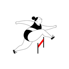 Vector illustration young beautiful woman jumps overcoming the barrier. Business obstacles concept.