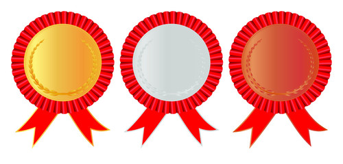 Gold, silver and bronze medals with arms and red ribbons. Medals for 1st, 2nd, 3nd place. Champion reward. Stock vector illustration on white isolated background. 