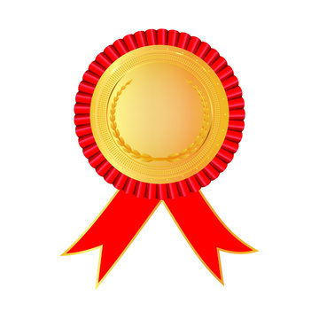 Award rosette gold and red color with ribbon. Symbol of winner celebration, best champion achievement. Blank rosette element. Stock vector illustration on white isolated background.