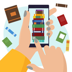 Woman holds a phone in her hands and chooses a book. Online library or book shop concept. Flat vector illustration