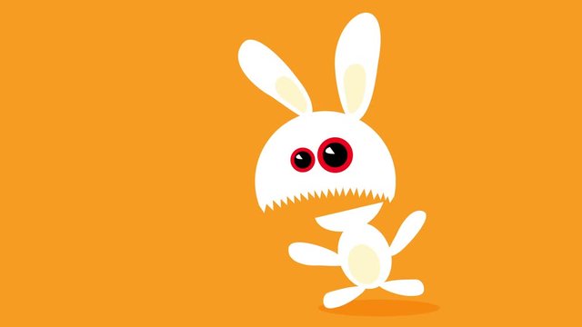 zombie bunny emerging in parts from the center of the screen with sharp teeth like a saw separating from a cute little body with white fur and bloody eyes