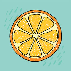 Fun scribbled orange citrus vector fruit hand drawn repeating seamless pattern on blue background, surface pattern. Good for textile, children's clothing, invitation or card design, wrapping paper.