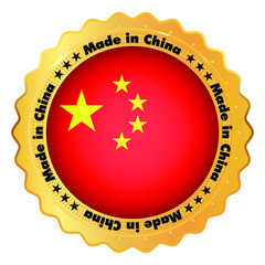 Made in China badge with flag and stars inside gold shiny emblem. Black color text. Stock vector illustration on white isolated background