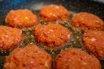 Raw meat cutlets rissole meatballs of minced pork in a pan.