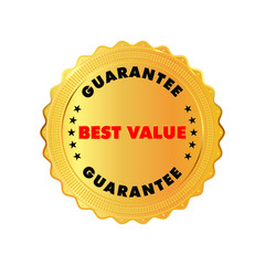 Gold Best Value badge inside gold shiny emblem. Red and black color text. Stock vector illustration on white isolated background.