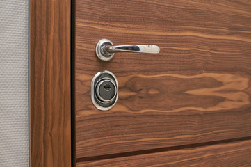 white steel handle on the front door with walnut veneer 