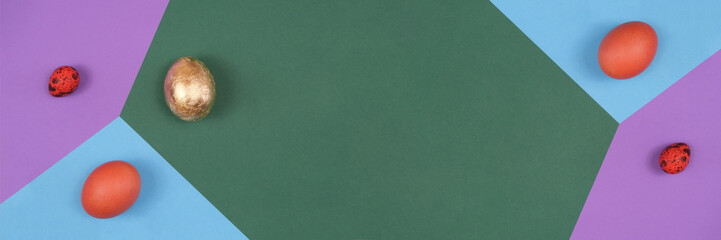 Abstract banner with bright geometric shapes and easter eggs. Close-up, protrusion from above. There is a place for inscription.