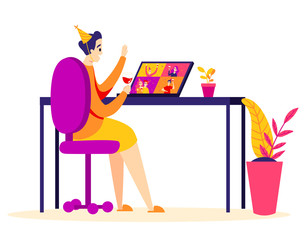 Man celebrates birthday via videoconference. People connect to party with glass of wine. Friends from different cities have a good time via video chat. Flat style illustration