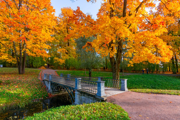 Bridge in Catherine park in autumn foliage, Pushkin (Tsarskoe Selo), Saint Petersburg, Russia