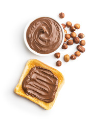 Toast bread with hazelnut spread. Sweet chocolate cream.