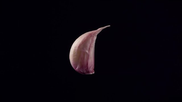 Slow rotation of a garlic on a black background. Close-up shot, low angle