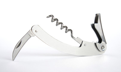 open corkscrew and knife folding on a white background for wine and other beverages accessory