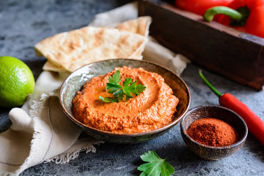 Muhammara, healthy walnut and roasted red bell pepper dip served with flatbread
