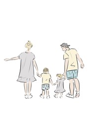 Sketch of a family of citizens going on a stroll. Illustration