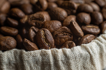 Close up coffee beans in canvas sack.
