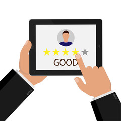 Customer positive review, testimonials about app or internet marketplace. Five stars quality business work. Rate your experience. Flat vector illustration