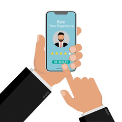 Customer review rating on mobile phone, rate stars, concept of testimonials messages, notifications, customer feedback or experience on cellphone. Flat vector illustration