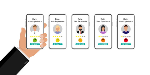 Review rating on mobile phone, rate stars, concept of testimonials messages, notifications, customer feedback or experience on cellphone. Flat vector illustration