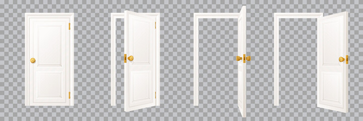 Closed and open classical white interior door set, isolated on transparent background. Vector illustration
