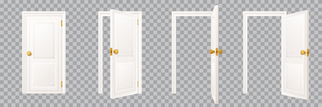 Closed and open classical white interior door set, isolated on transparent background. Vector illustration