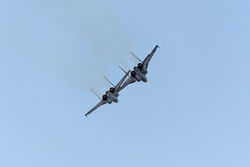 Moscow Russia Zhukovsky Airfield 31 August 2019: aerobatic Su-30 perfoming demonstration flight of the international aerospace salon MAKS-2019